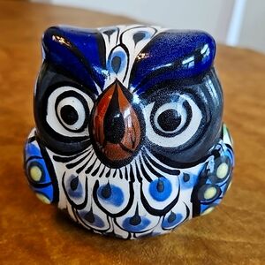 Tonala hand painted Mexican pottery owl figurine signed